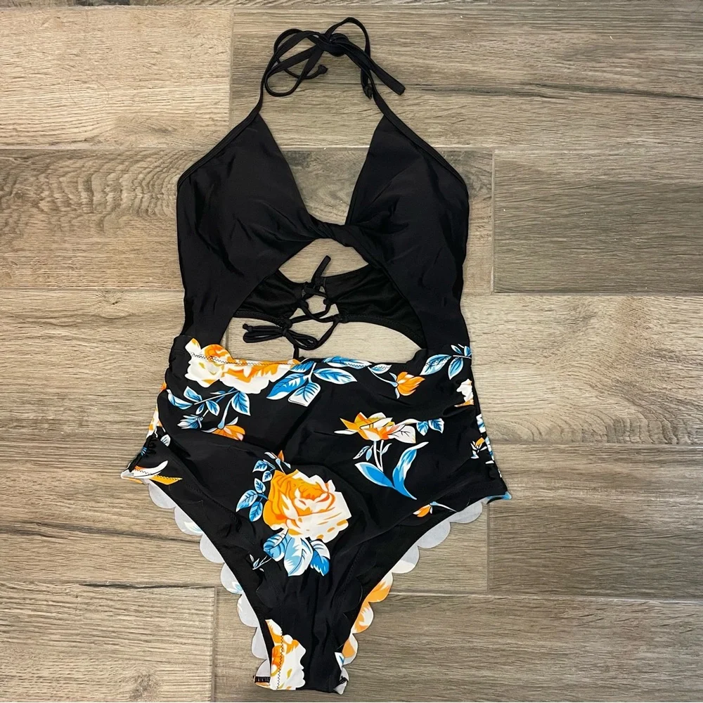Black Floral Print Halter Tummy Control One Piece Swimsuit - Picture 1 of 8